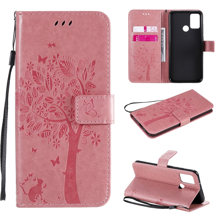 For Huawei Honor 9A Tree & Cat Embossed Pattern Horizontal Flip Leather Case with Holder & Card Slots & Wallet & Lanyard