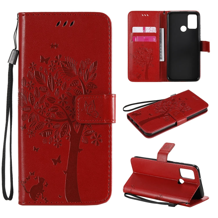 For Huawei Honor 9A Tree & Cat Embossed Pattern Horizontal Flip Leather Case with Holder & Card Slots & Wallet & Lanyard
