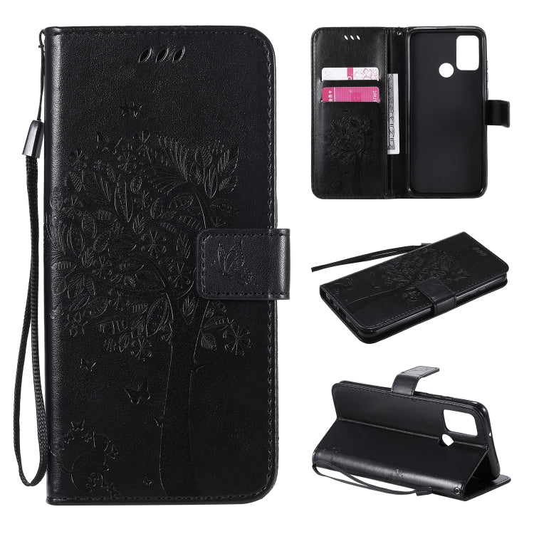 For Huawei Honor 9A Tree & Cat Embossed Pattern Horizontal Flip Leather Case with Holder & Card Slots & Wallet & Lanyard