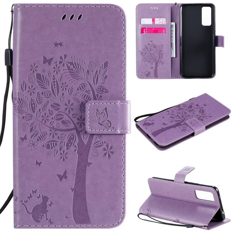 For Huawei Honor 30 Pro Tree & Cat Embossed Pattern Horizontal Flip Leather Case with Holder & Card Slots & Wallet & Lanyard