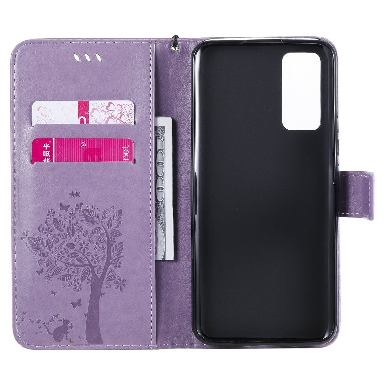 For Huawei Honor 30 Pro Tree & Cat Embossed Pattern Horizontal Flip Leather Case with Holder & Card Slots & Wallet & Lanyard