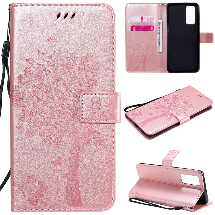 For Huawei Honor 30 Pro Tree & Cat Embossed Pattern Horizontal Flip Leather Case with Holder & Card Slots & Wallet & Lanyard
