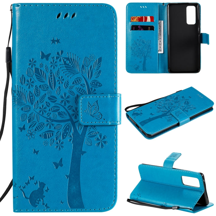For Huawei Honor 30 Pro Tree & Cat Embossed Pattern Horizontal Flip Leather Case with Holder & Card Slots & Wallet & Lanyard