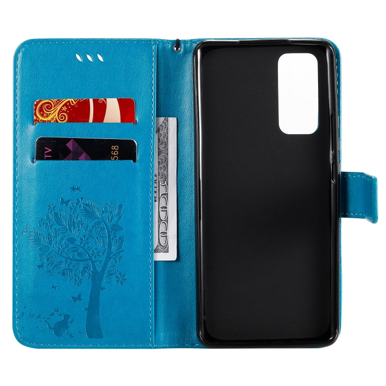 For Huawei Honor 30 Pro Tree & Cat Embossed Pattern Horizontal Flip Leather Case with Holder & Card Slots & Wallet & Lanyard
