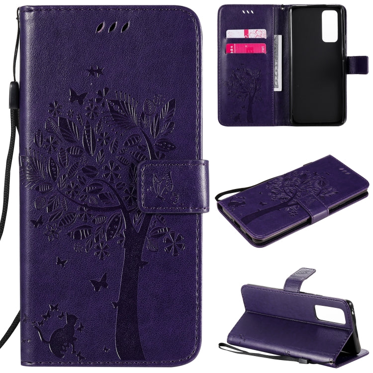 For Huawei Honor 30 Pro Tree & Cat Embossed Pattern Horizontal Flip Leather Case with Holder & Card Slots & Wallet & Lanyard