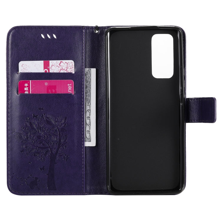 For Huawei Honor 30 Pro Tree & Cat Embossed Pattern Horizontal Flip Leather Case with Holder & Card Slots & Wallet & Lanyard