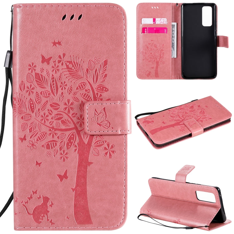For Huawei Honor 30 Pro Tree & Cat Embossed Pattern Horizontal Flip Leather Case with Holder & Card Slots & Wallet & Lanyard
