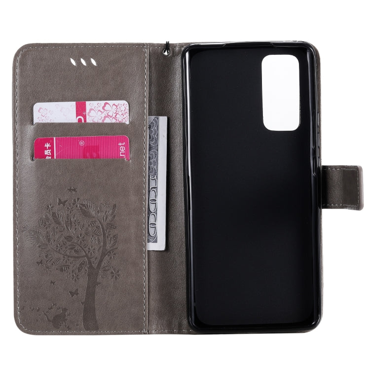 For Huawei Honor 30 Pro Tree & Cat Embossed Pattern Horizontal Flip Leather Case with Holder & Card Slots & Wallet & Lanyard