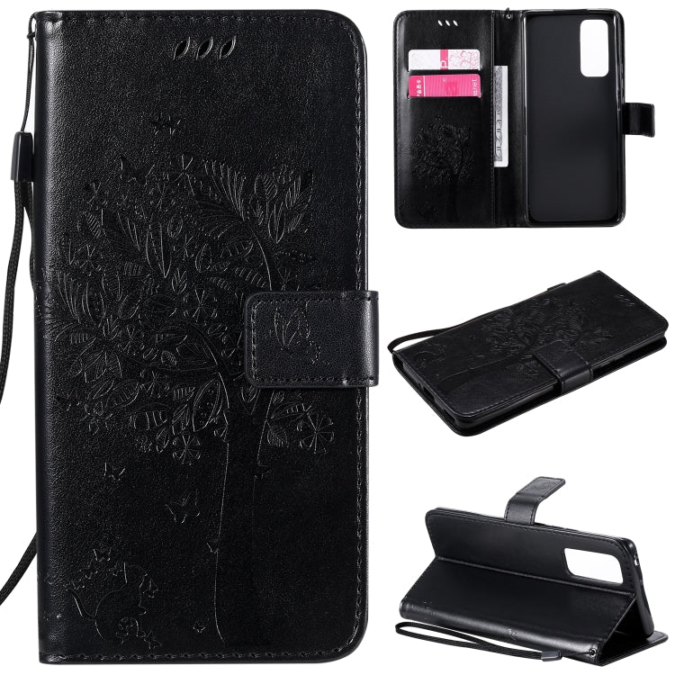 For Huawei Honor 30 Pro Tree & Cat Embossed Pattern Horizontal Flip Leather Case with Holder & Card Slots & Wallet & Lanyard