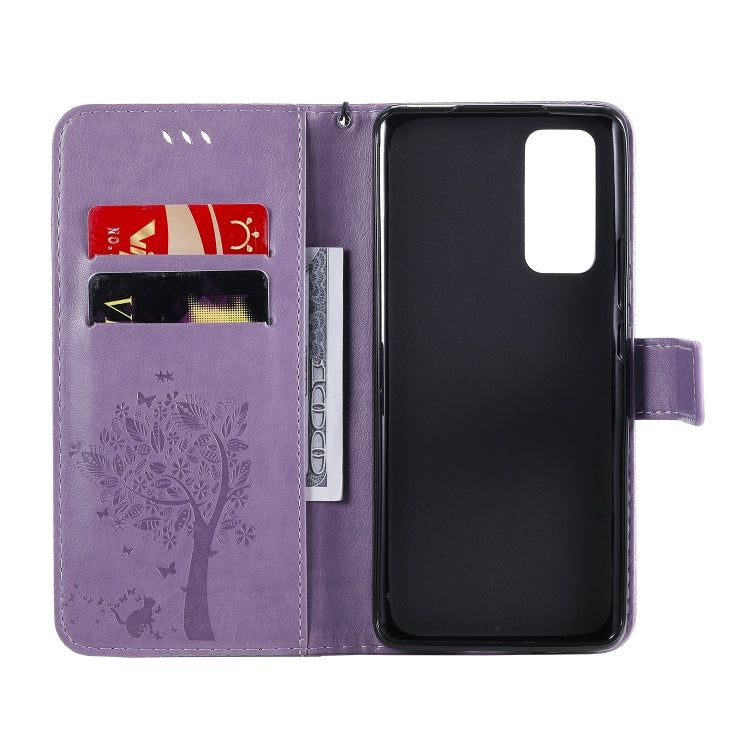 For Huawei Honor 30 Tree & Cat Embossed Pattern Horizontal Flip Leather Case with Holder & Card Slots & Wallet & Lanyard
