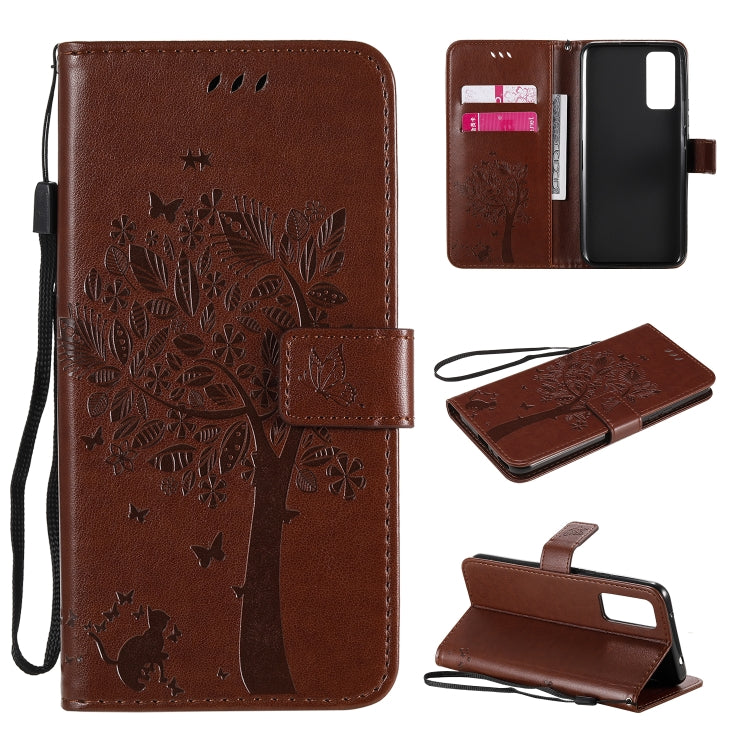 For Huawei Honor 30 Tree & Cat Embossed Pattern Horizontal Flip Leather Case with Holder & Card Slots & Wallet & Lanyard
