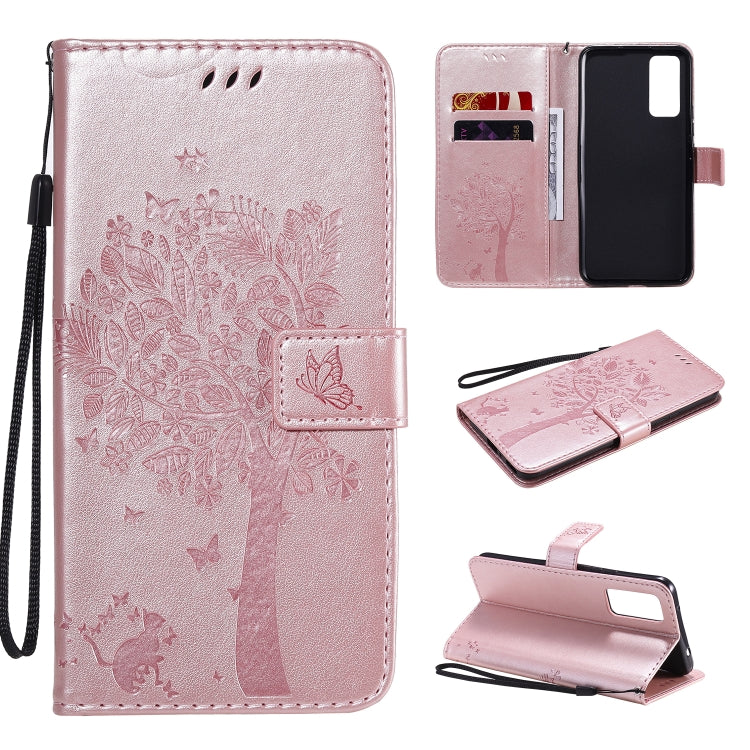 For Huawei Honor 30 Tree & Cat Embossed Pattern Horizontal Flip Leather Case with Holder & Card Slots & Wallet & Lanyard