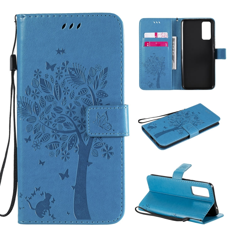 For Huawei Honor 30 Tree & Cat Embossed Pattern Horizontal Flip Leather Case with Holder & Card Slots & Wallet & Lanyard
