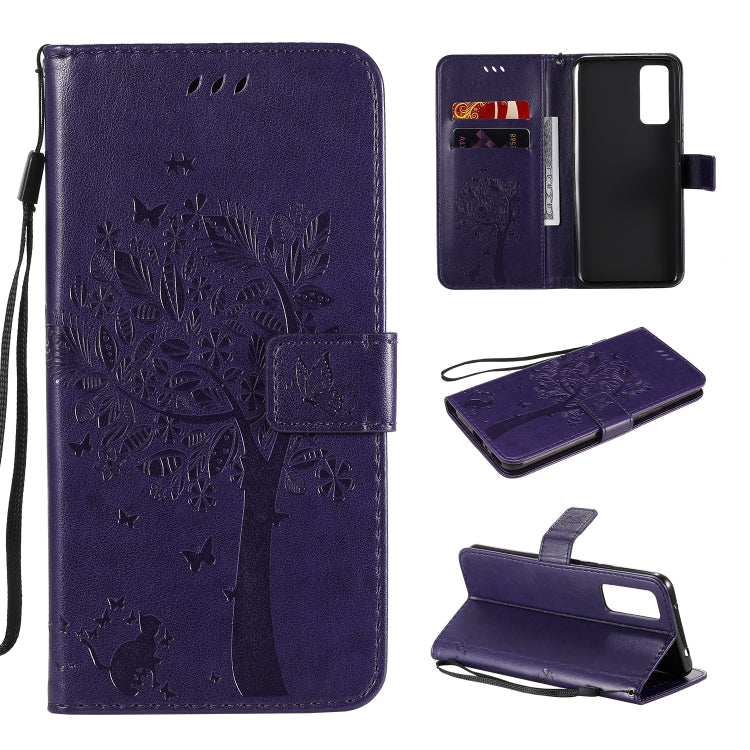 For Huawei Honor 30 Tree & Cat Embossed Pattern Horizontal Flip Leather Case with Holder & Card Slots & Wallet & Lanyard