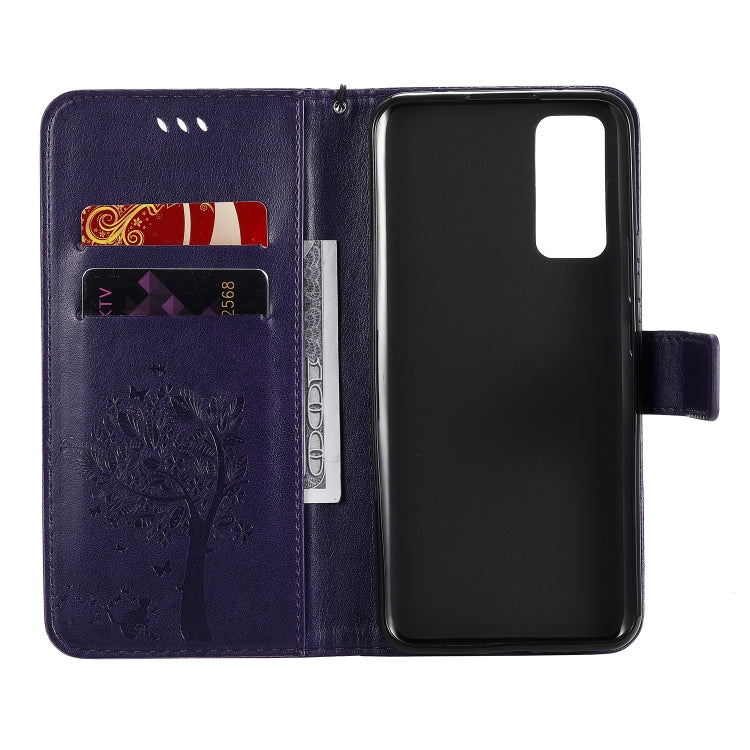 For Huawei Honor 30 Tree & Cat Embossed Pattern Horizontal Flip Leather Case with Holder & Card Slots & Wallet & Lanyard