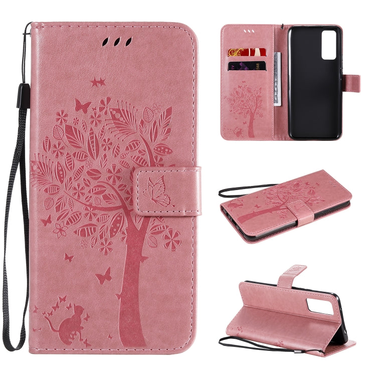 For Huawei Honor 30 Tree & Cat Embossed Pattern Horizontal Flip Leather Case with Holder & Card Slots & Wallet & Lanyard