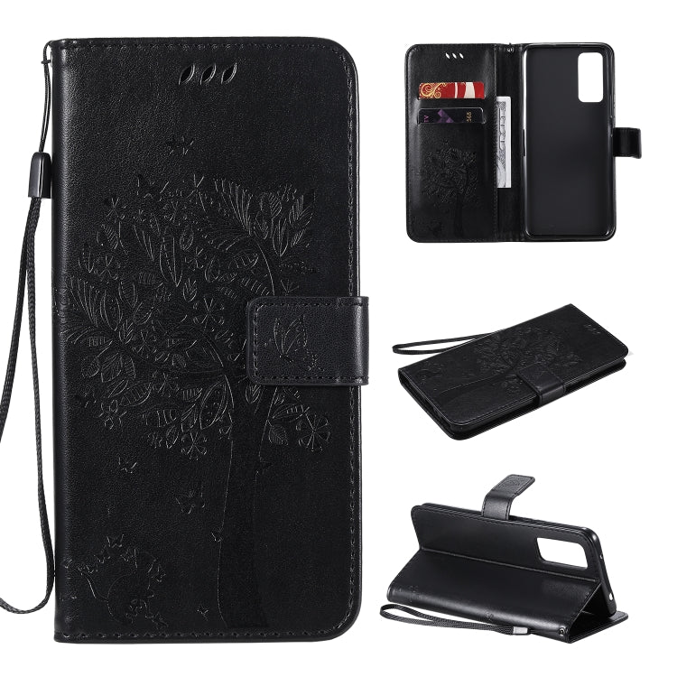 For Huawei Honor 30 Tree & Cat Embossed Pattern Horizontal Flip Leather Case with Holder & Card Slots & Wallet & Lanyard