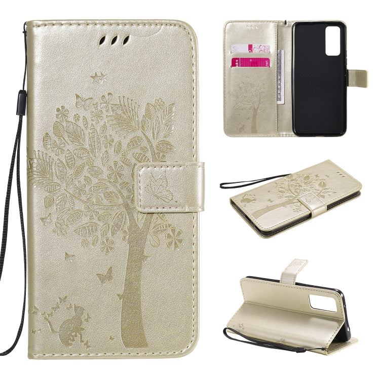 For Huawei Honor 30 Tree & Cat Embossed Pattern Horizontal Flip Leather Case with Holder & Card Slots & Wallet & Lanyard