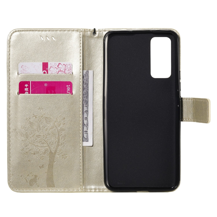 For Huawei Honor 30 Tree & Cat Embossed Pattern Horizontal Flip Leather Case with Holder & Card Slots & Wallet & Lanyard