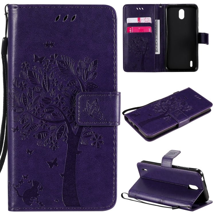 For Nokia 1.3 Tree & Cat Embossed Pattern Horizontal Flip Leather Case with Holder & Card Slots & Wallet & Lanyard