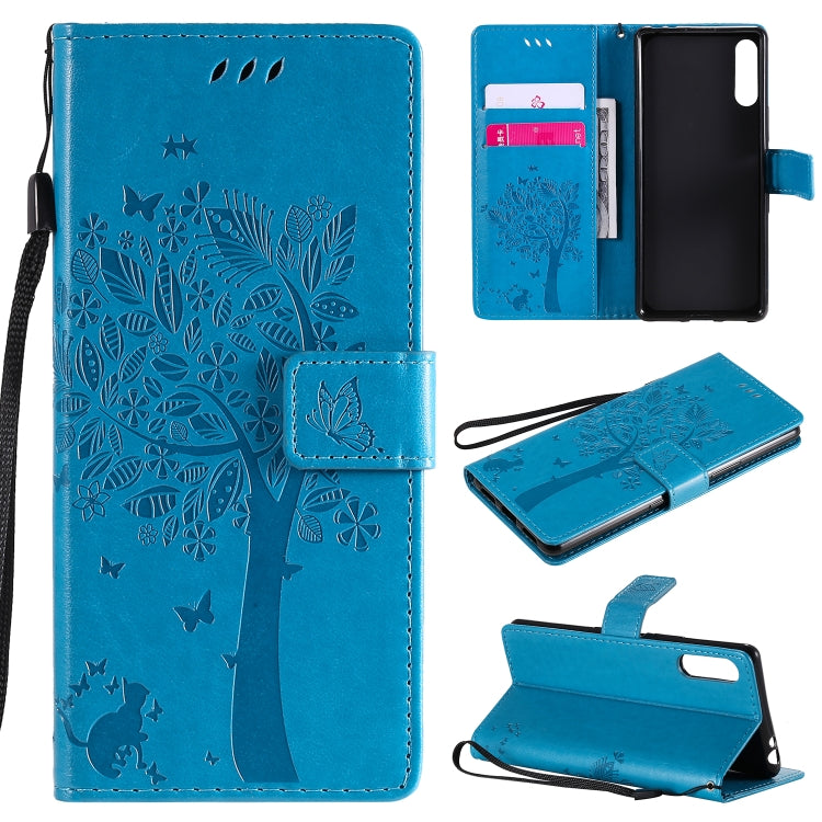For Sony Xperia L4 Tree & Cat Embossed Pattern Horizontal Flip Leather Case with Holder & Card Slots & Wallet & Lanyard
