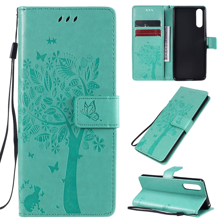 For Sony Xperia 10 II Tree & Cat Embossed Pattern Horizontal Flip Leather Case with Holder & Card Slots & Wallet & Lanyard
