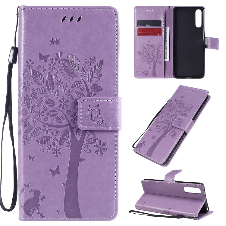 For Sony Xperia 10 II Tree & Cat Embossed Pattern Horizontal Flip Leather Case with Holder & Card Slots & Wallet & Lanyard