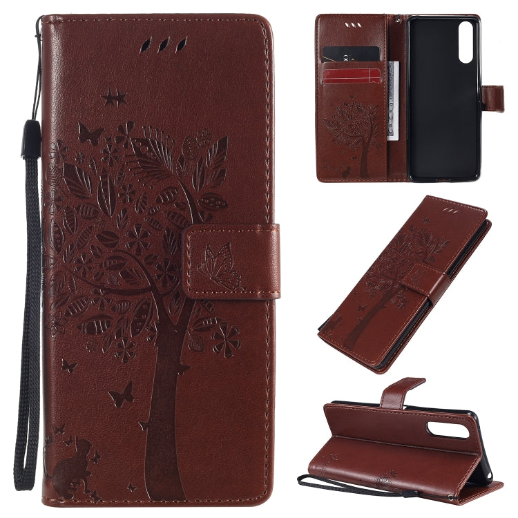 For Sony Xperia 10 II Tree & Cat Embossed Pattern Horizontal Flip Leather Case with Holder & Card Slots & Wallet & Lanyard