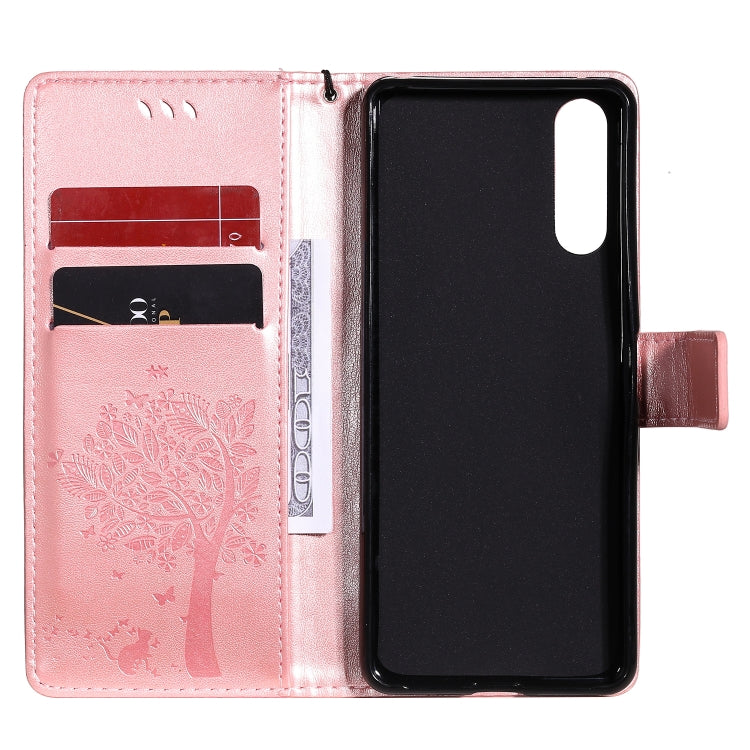 For Sony Xperia 10 II Tree & Cat Embossed Pattern Horizontal Flip Leather Case with Holder & Card Slots & Wallet & Lanyard