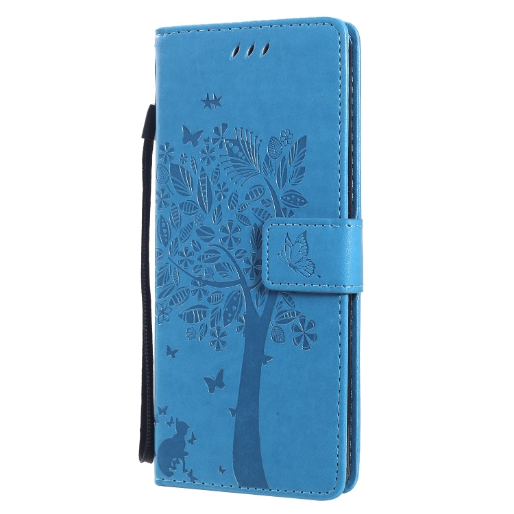 For Sony Xperia 10 II Tree & Cat Embossed Pattern Horizontal Flip Leather Case with Holder & Card Slots & Wallet & Lanyard