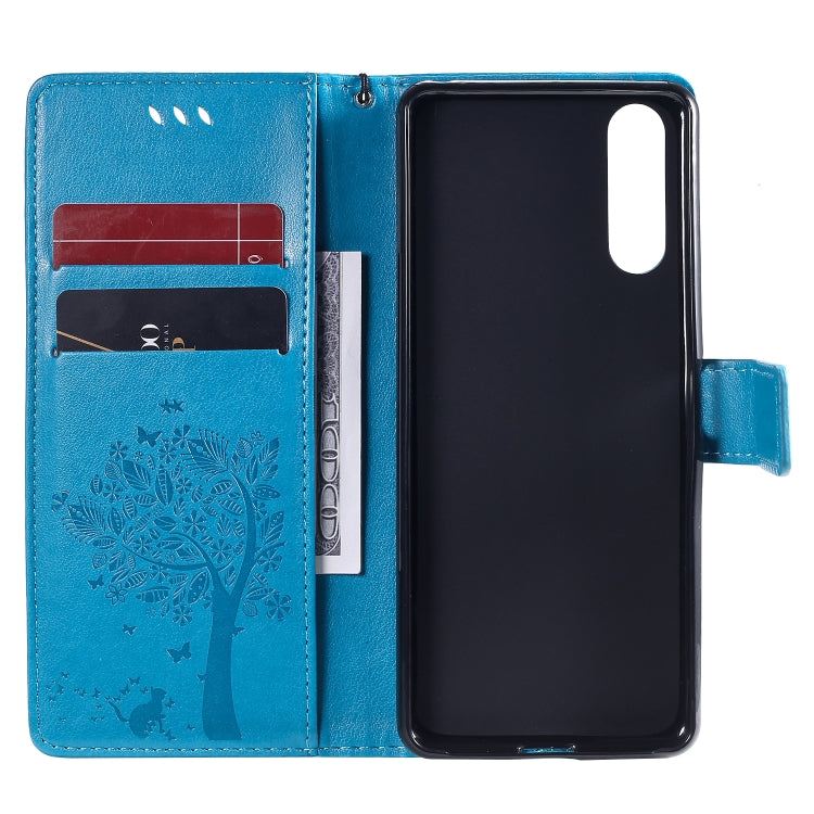 For Sony Xperia 10 II Tree & Cat Embossed Pattern Horizontal Flip Leather Case with Holder & Card Slots & Wallet & Lanyard