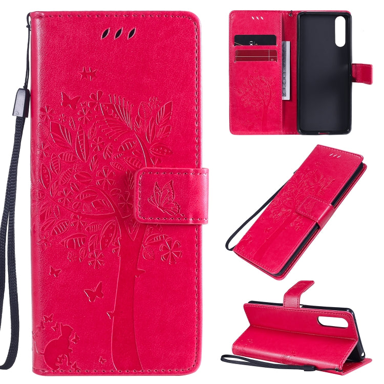 For Sony Xperia 10 II Tree & Cat Embossed Pattern Horizontal Flip Leather Case with Holder & Card Slots & Wallet & Lanyard