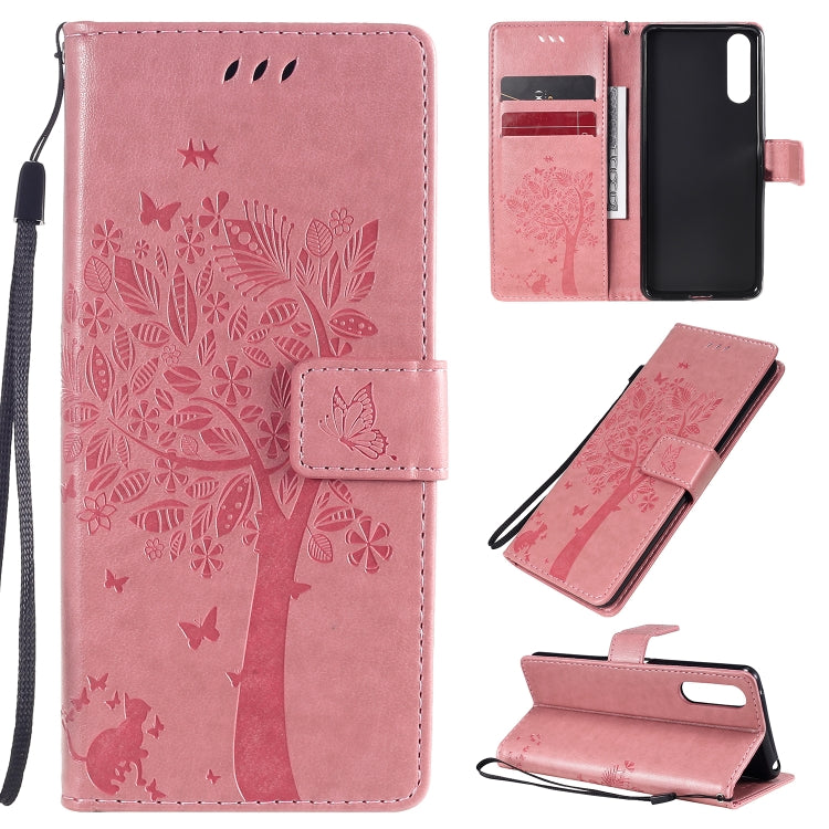 For Sony Xperia 10 II Tree & Cat Embossed Pattern Horizontal Flip Leather Case with Holder & Card Slots & Wallet & Lanyard
