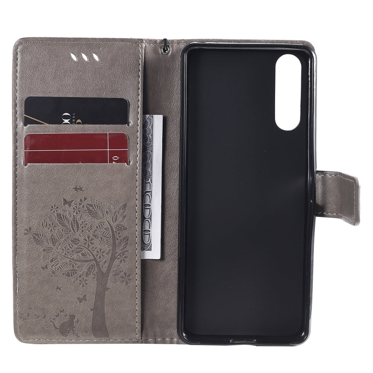 For Sony Xperia 10 II Tree & Cat Embossed Pattern Horizontal Flip Leather Case with Holder & Card Slots & Wallet & Lanyard