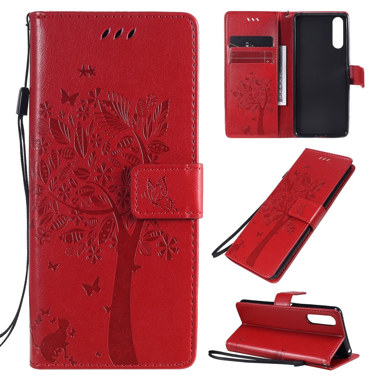 For Sony Xperia 10 II Tree & Cat Embossed Pattern Horizontal Flip Leather Case with Holder & Card Slots & Wallet & Lanyard