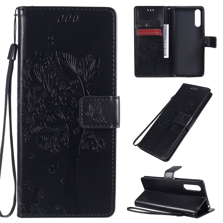 For Sony Xperia 10 II Tree & Cat Embossed Pattern Horizontal Flip Leather Case with Holder & Card Slots & Wallet & Lanyard