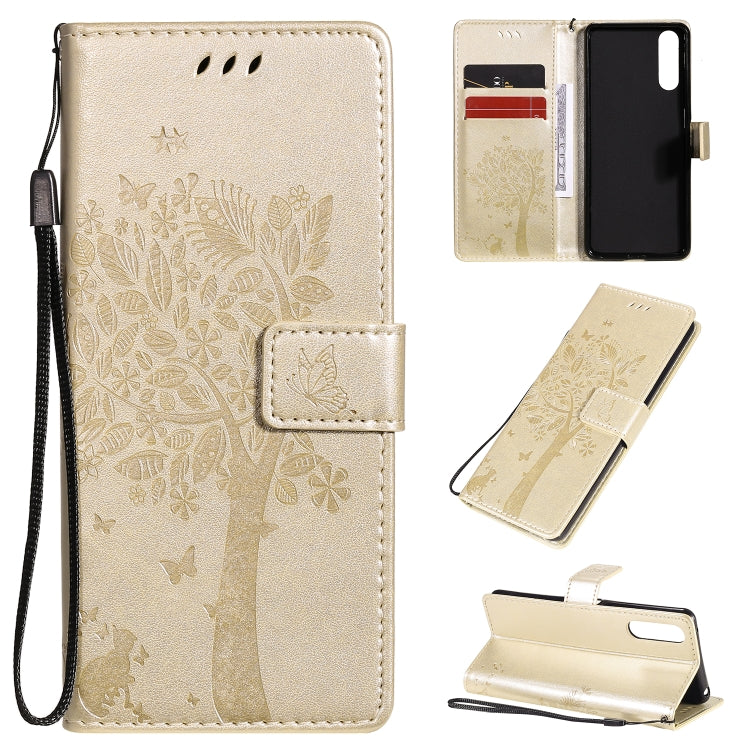 For Sony Xperia 10 II Tree & Cat Embossed Pattern Horizontal Flip Leather Case with Holder & Card Slots & Wallet & Lanyard