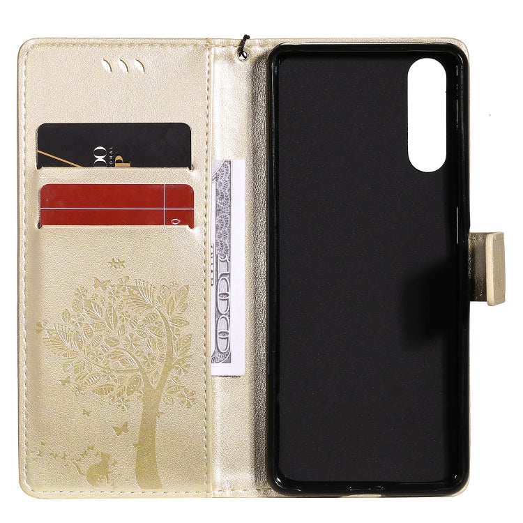 For Sony Xperia 10 II Tree & Cat Embossed Pattern Horizontal Flip Leather Case with Holder & Card Slots & Wallet & Lanyard
