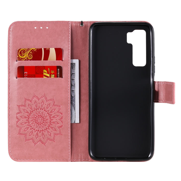 For Huawei Nova 7 SE/P40 Lite 5G Embossed Sunflower Pattern Horizontal Flip PU Leather Case with Holder & Card Slots & Wallet & Lanyard