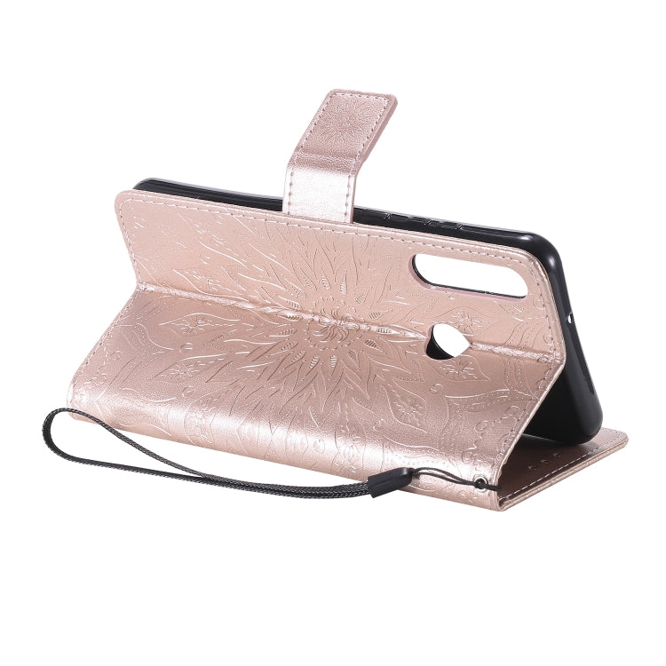 For Huawei Y6p Embossed Sunflower Pattern Horizontal Flip PU Leather Case with Holder & Card Slots & Wallet & Lanyard