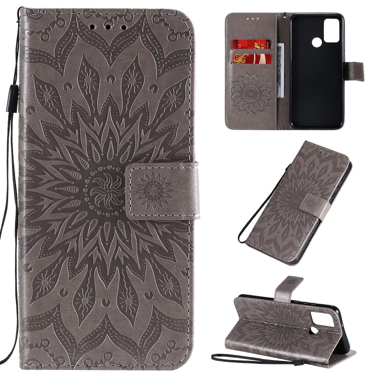 For Huawei Honor 9A Embossed Sunflower Pattern Horizontal Flip PU Leather Case with Holder & Card Slots & Wallet & Lanyard