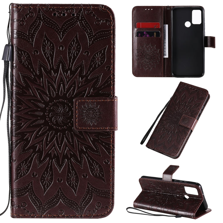 For Huawei Honor 9A Embossed Sunflower Pattern Horizontal Flip PU Leather Case with Holder & Card Slots & Wallet & Lanyard
