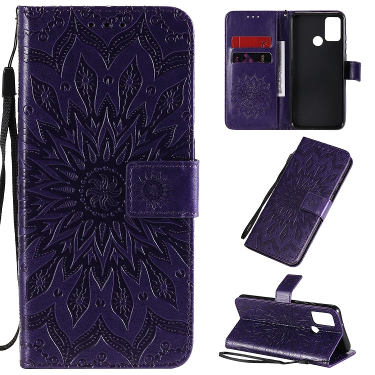 For Huawei Honor 9A Embossed Sunflower Pattern Horizontal Flip PU Leather Case with Holder & Card Slots & Wallet & Lanyard