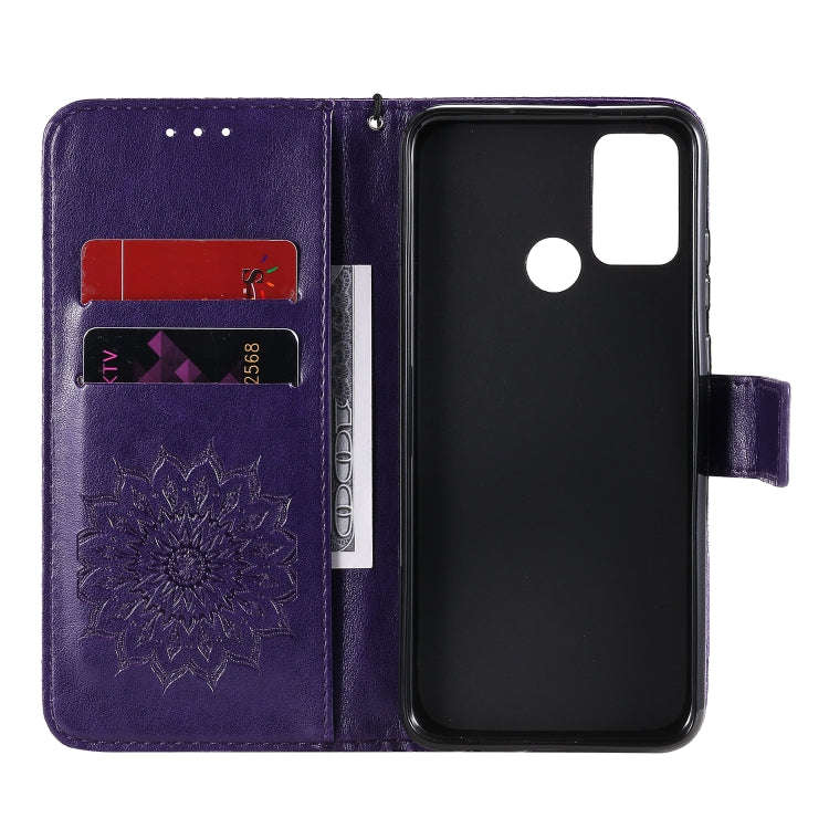For Huawei Honor 9A Embossed Sunflower Pattern Horizontal Flip PU Leather Case with Holder & Card Slots & Wallet & Lanyard