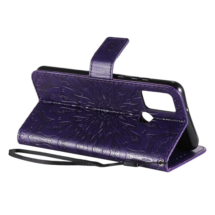 For Huawei Honor 9A Embossed Sunflower Pattern Horizontal Flip PU Leather Case with Holder & Card Slots & Wallet & Lanyard