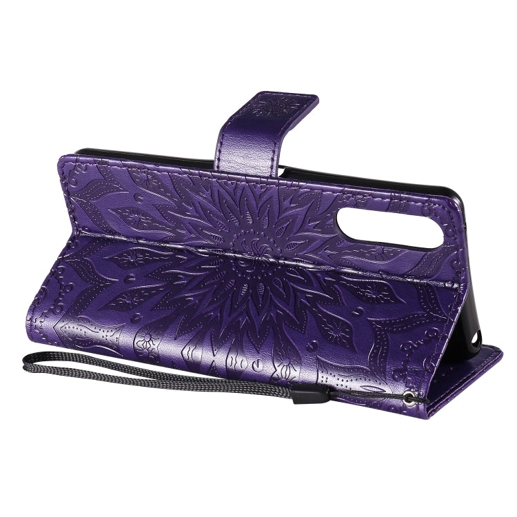 For Sony Xperia 10 II Embossed Sunflower Pattern Horizontal Flip PU Leather Case with Holder & Card Slots & Wallet & Lanyard