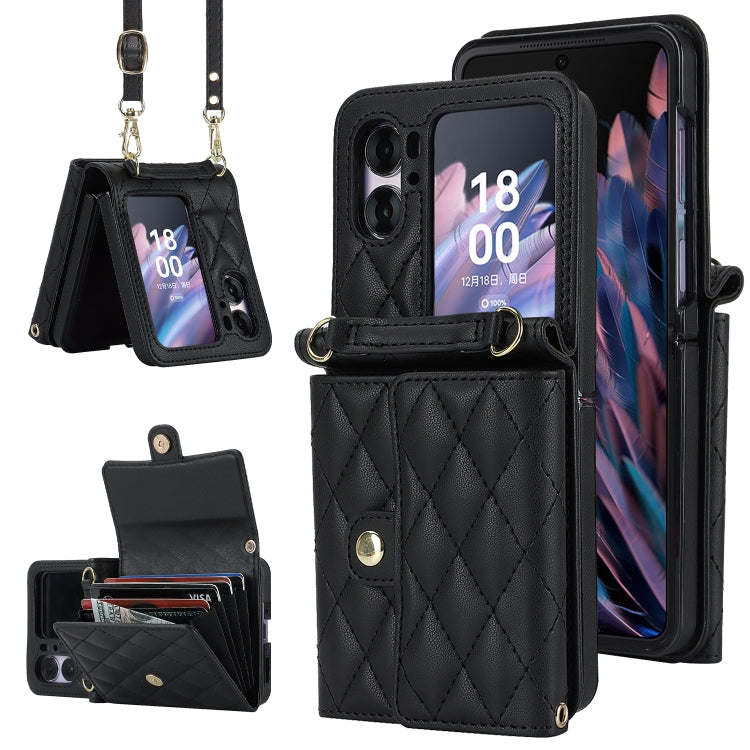 For OPPO Find N2 Flip Rhombic Texture Card Bag PU Phone Case with Long Lanyard