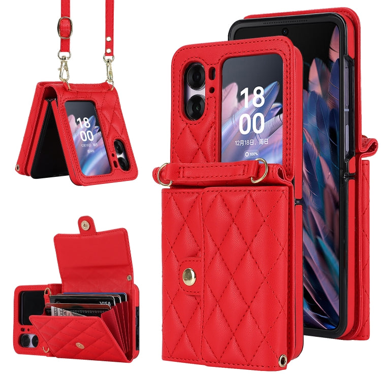 For OPPO Find N2 Flip Rhombic Texture Card Bag PU Phone Case with Long Lanyard