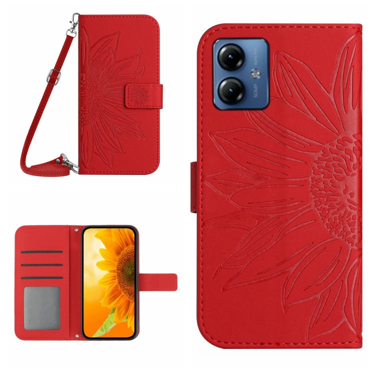 For Motorola Moto G14 HT04 Skin Feel Sun Flower Embossed Flip Leather Phone Case with Lanyard