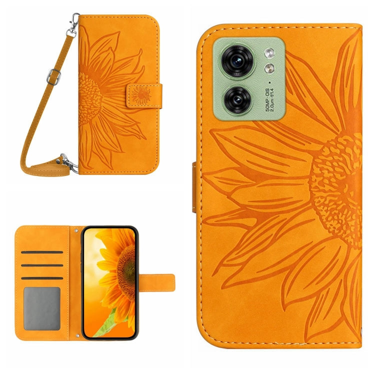 For Motorola Edge 40 HT04 Skin Feel Sun Flower Embossed Flip Leather Phone Case with Lanyard
